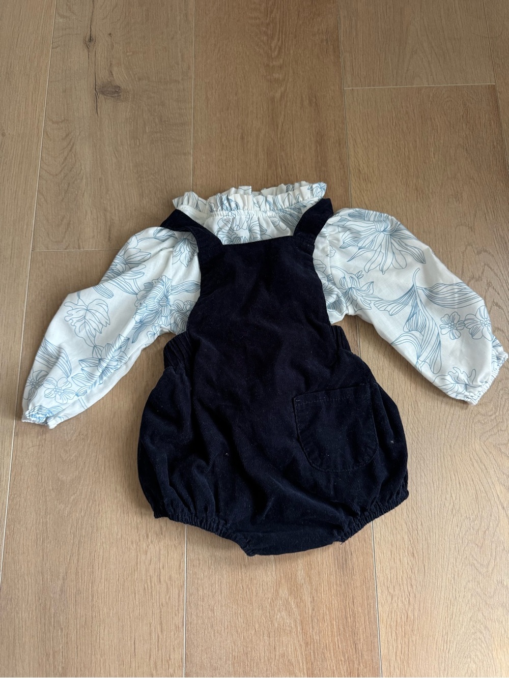 12-18months toddler Navy Corduroy Romper with Floral Long-Sleeve Top